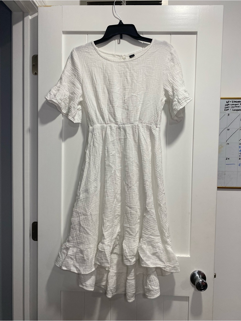 White Textured Ruffle-Hem Midi Dress